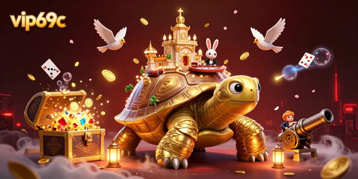 Engage in thrilling play at vip69c with our unique 3D casino design featuring golden tortoise and rabbit dealer.