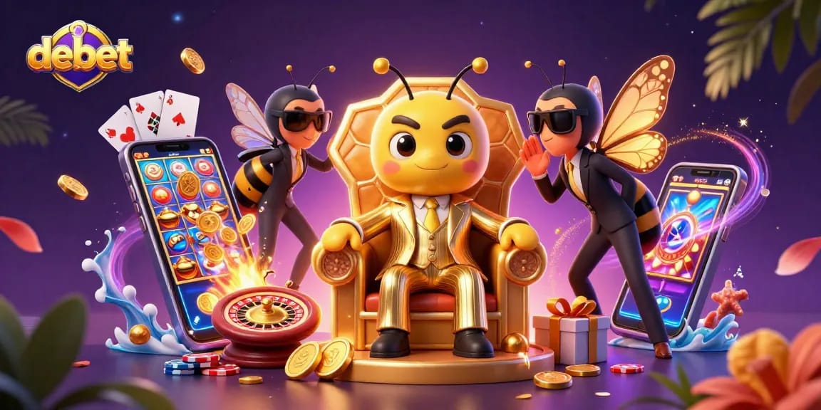 Bet on debet with 3D characters showcasing colorful slots, golden coins, and gaming excitement.