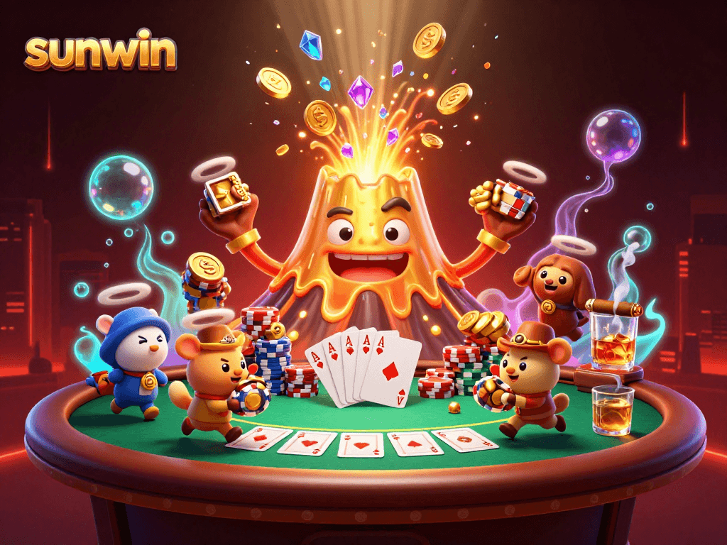 Experience sunwin's vibrant gaming scene with a 3D eruption of treasures and poker excitement.