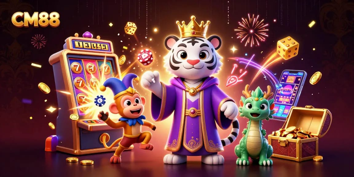 Exciting gaming scene with CM88, featuring a stylish white tiger, monkey juggling chips, and slot machine jackpot.