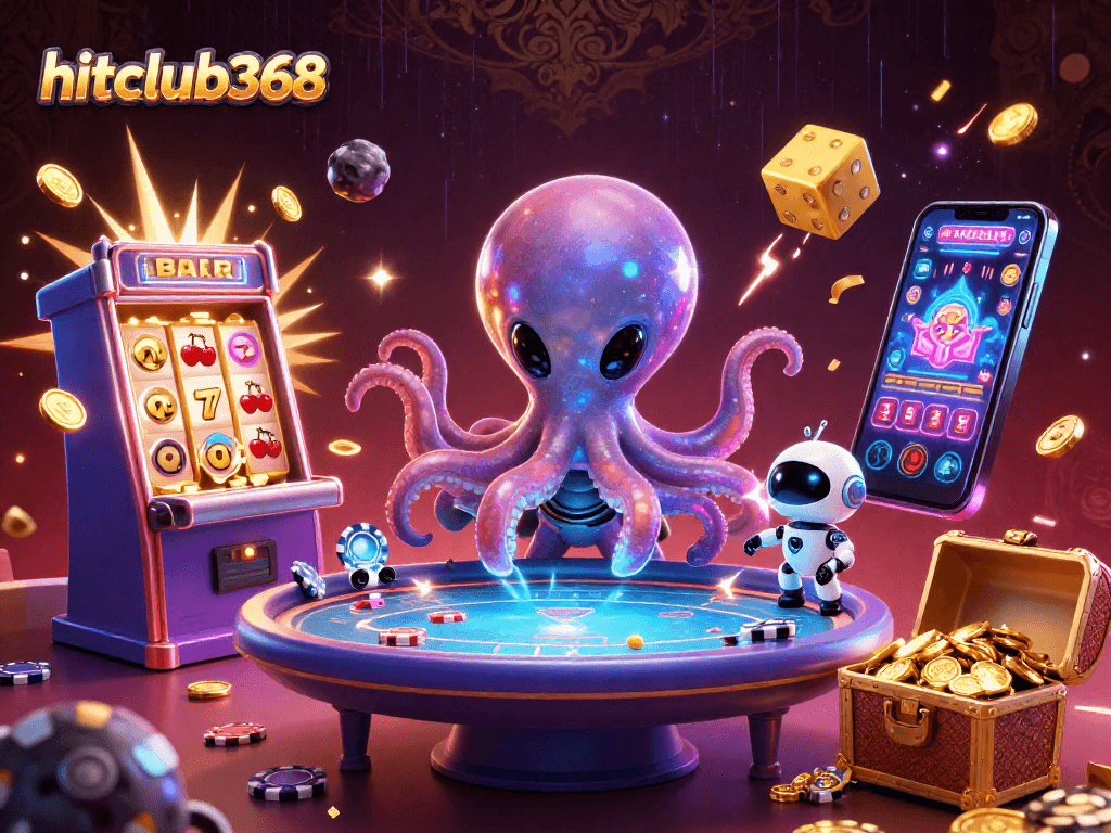 Experience thrilling gaming action at hitclub368 with a vibrant 3D casino illustration showcasing excitement and fun.