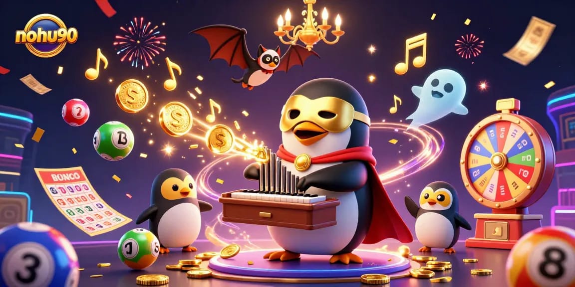 Experience the excitement of nohu90 with colorful game elements and dynamic casino illustrations.