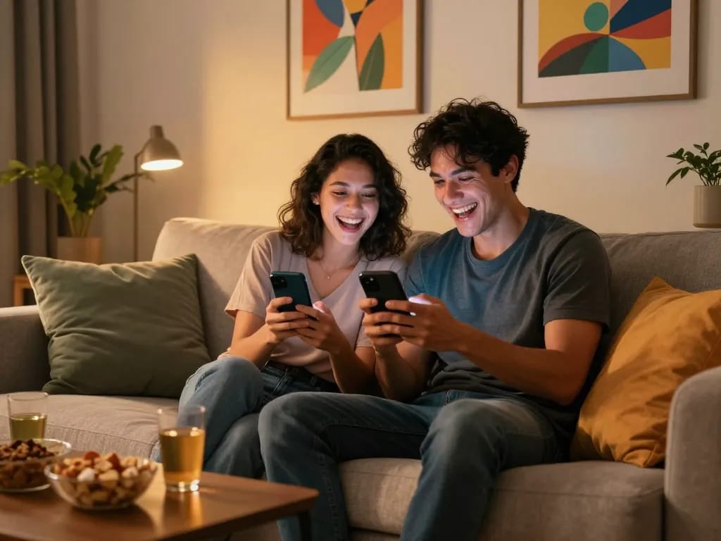 Couple enjoying playful sexting ai interaction on smartphones in cozy setting with ambient lighting.