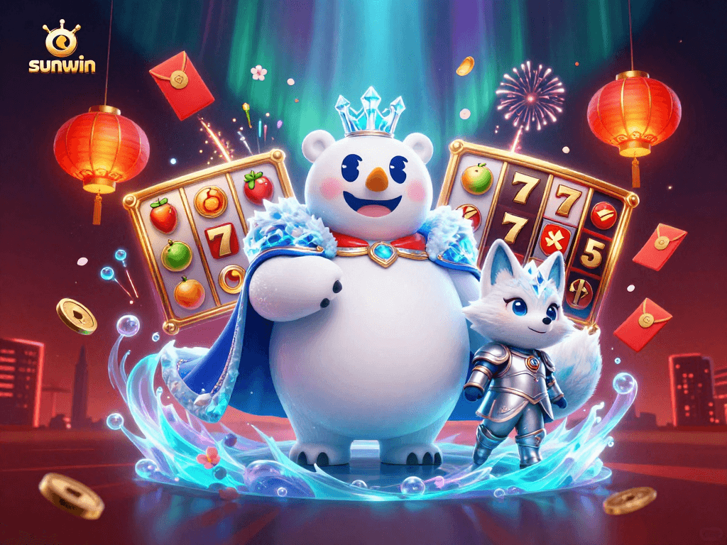 Experience exciting slots with sunwin, featuring an icy polar bear king and lively game elements.