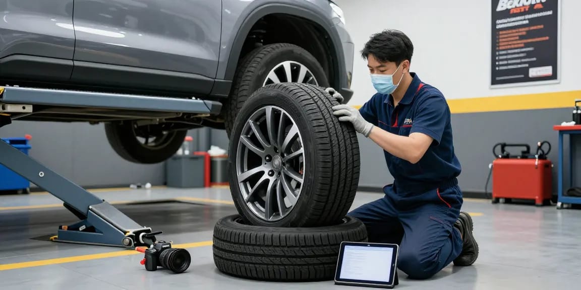 Professional mechanic working on a Double Coin RR99 tire in a well-lit garage with essential tools.