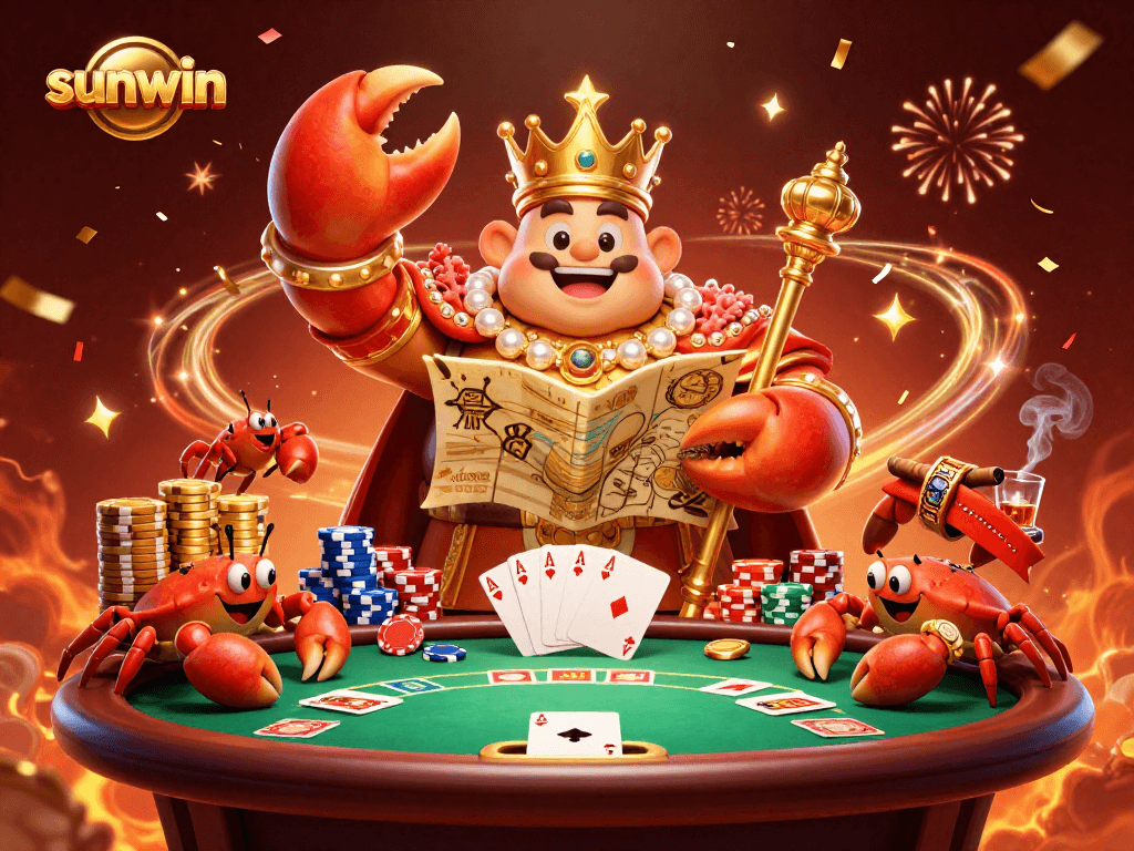 Engage with the vibrant sunwin casino through a lavish 3D poker illustration featuring a golden crab emperor.