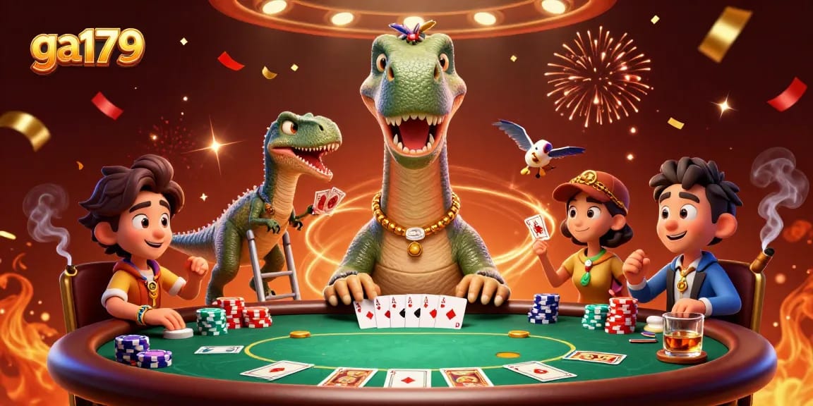 Experience thrilling action at ga179 with a giant dinosaur overseeing a poker game, featuring vibrant casino elements.