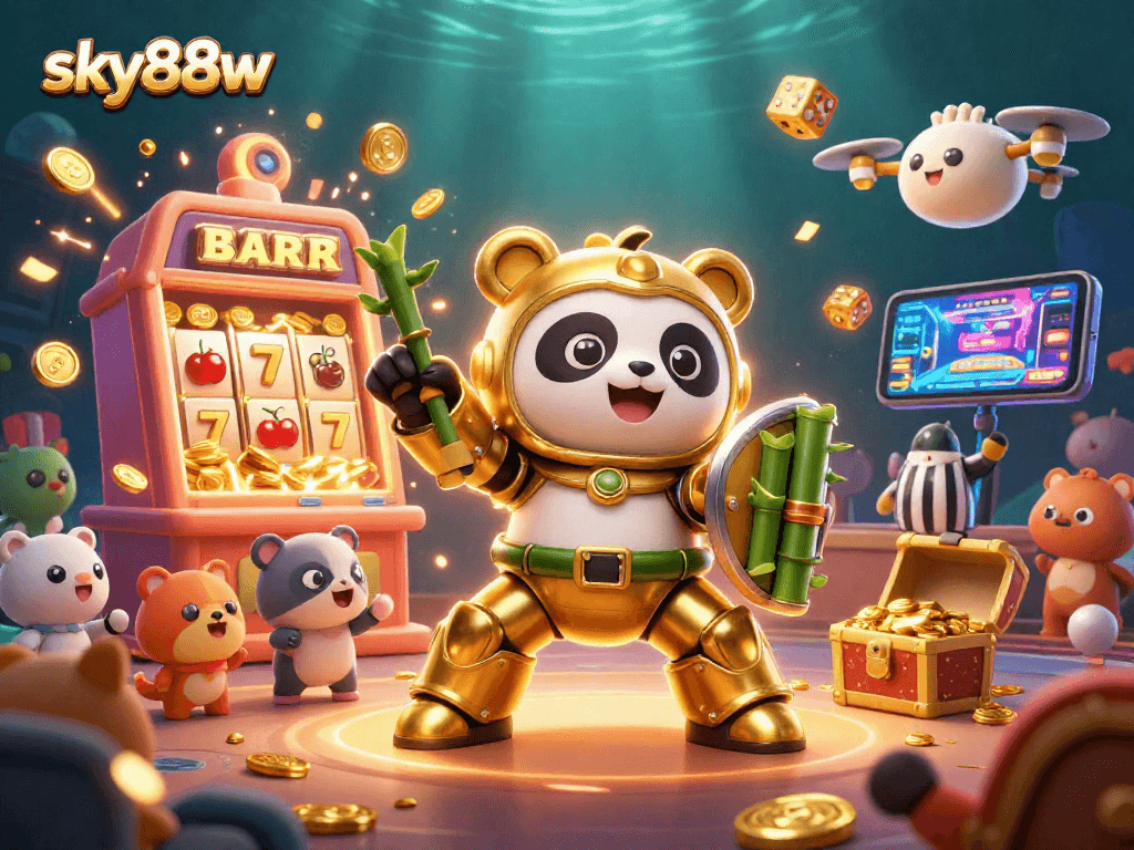 Experience thrilling slots and games at sky88w in a vibrant, animated casino scene featuring exciting characters.