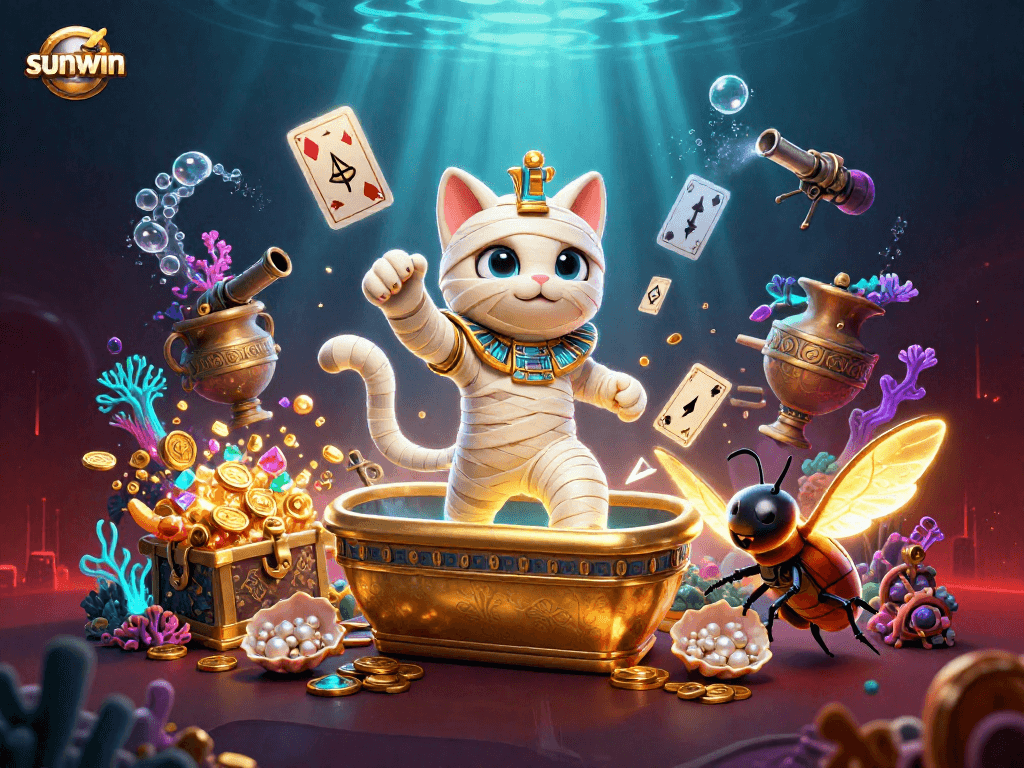 Play slots fearlessly with Sunwin, featuring dynamic characters and colorful treasures in a stunning casino scene.