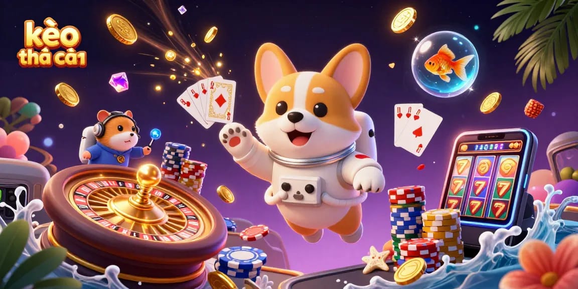 Experience kèo nhà cái in vibrant 3D cartoon art featuring a corgi astronaut in a cosmic casino
