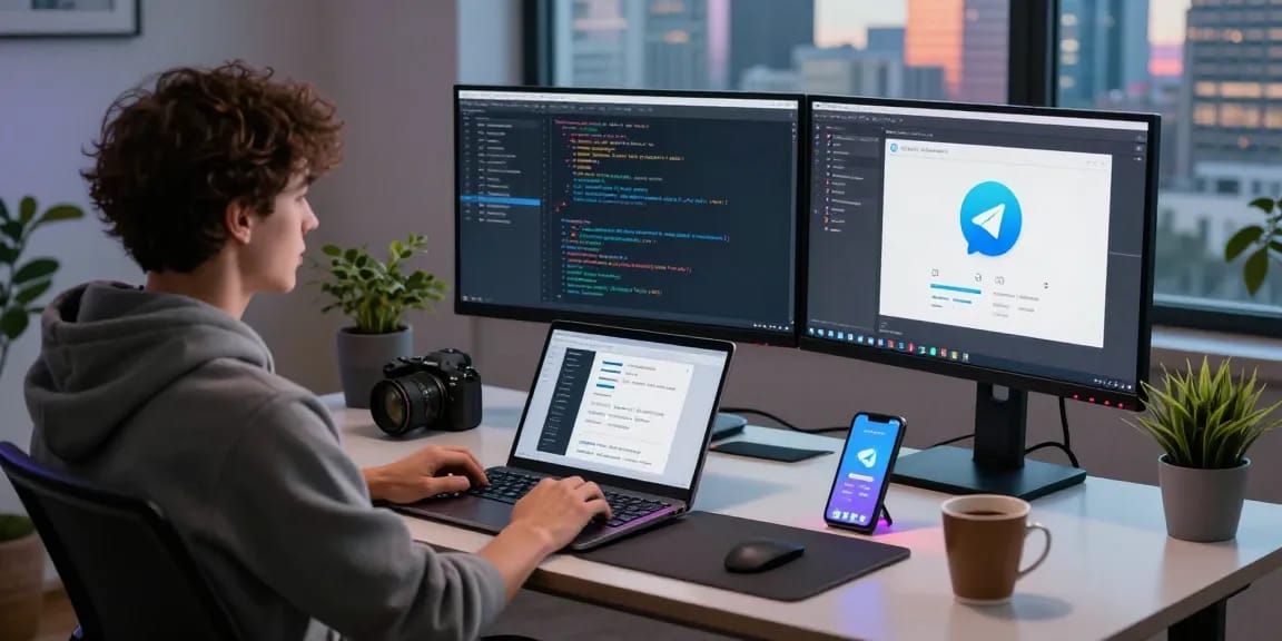 Download Telegram on a modern workspace with coding and tech gadgets, showcasing productivity and communication tools.