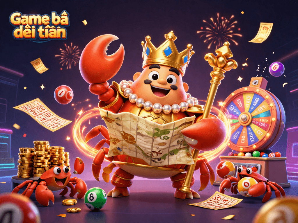 Play Game bài đổi thưởng with excitement as the golden crab emperor leads with treasure maps and vibrant game elements.