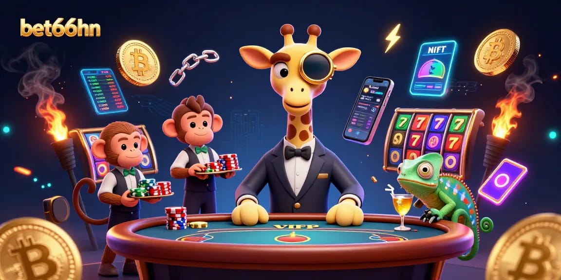 Experience thrilling gameplay at bet66hn with a VIP giraffe at a poker table surrounded by casino elements.