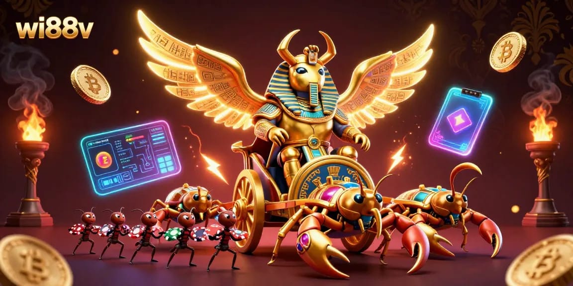 Experience winnings at wi88v with a vibrant illustration showcasing a powerful golden scarab and crypto coins.
