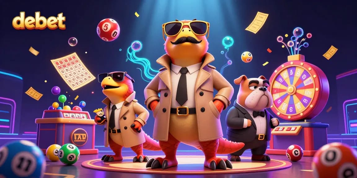 Engage with debet at an exciting VIP casino scene featuring humorous raptors and dynamic lottery elements.