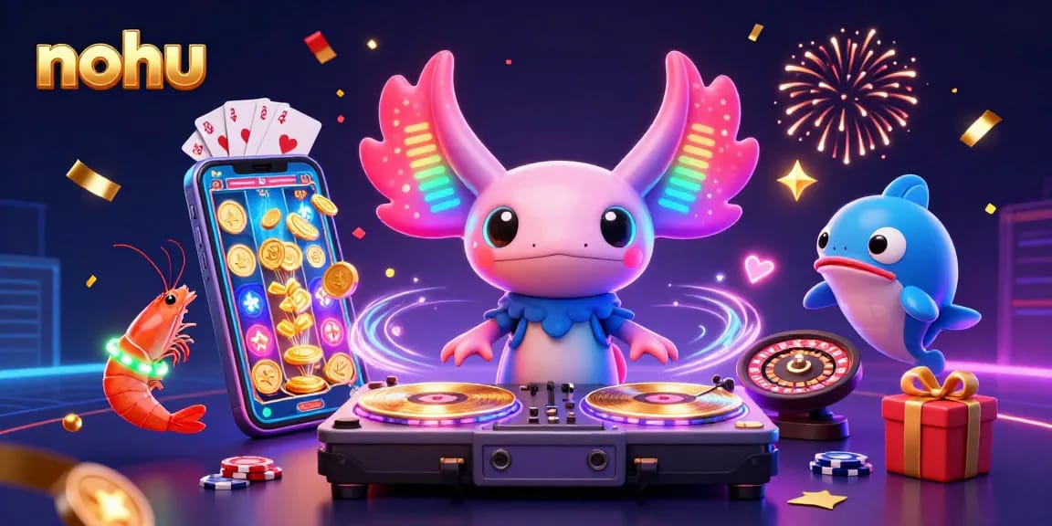Nohu brings a vibrant casino atmosphere with a neon axolotl DJ and dynamic slot game elements.