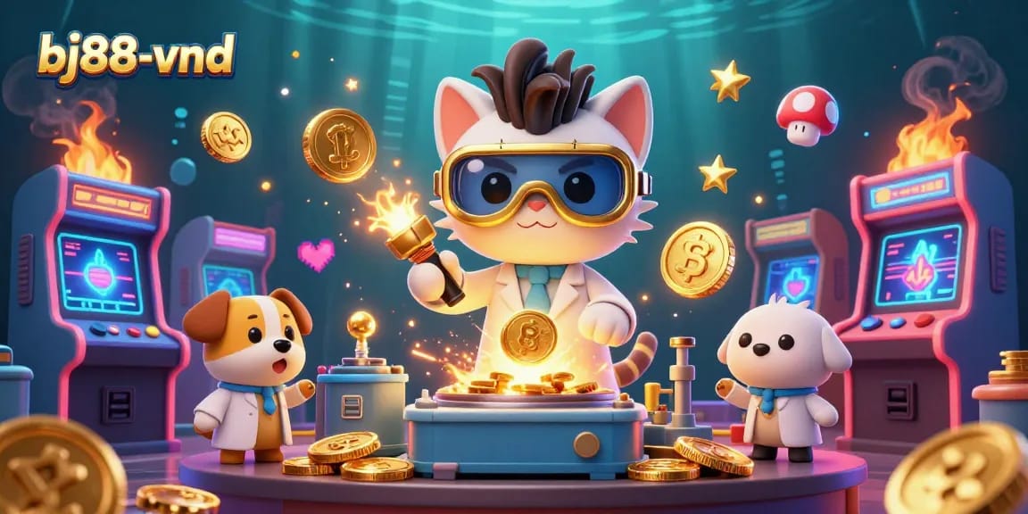 BJ88-vnd showcases thrilling game scenarios with a cartoon mad scientist cat and dog amidst gold coins and casino elements.