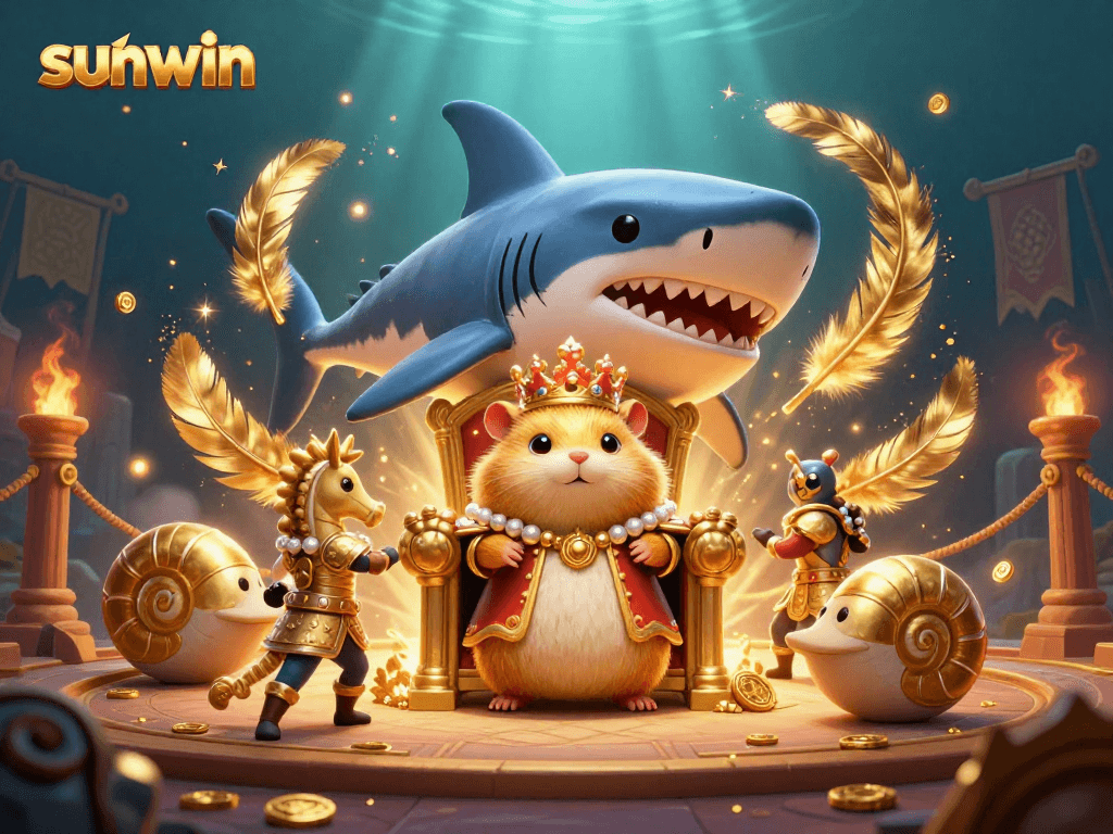 Experience sunwin's vibrant casino world featuring royal hamster characters battling amidst gold coins and colorful game elements.
