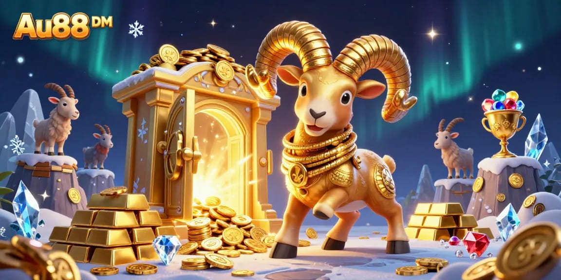 Engage in thrilling gameplay with Au88 DM's golden ram and treasure vaults in an immersive casino scene.