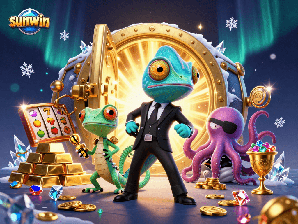 Experience thrilling wins with sunwin's 3D secret agent casino adventure illustration.