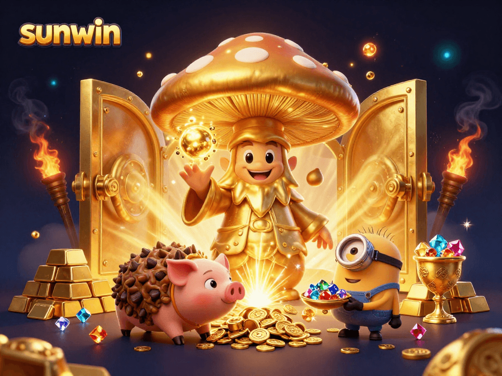 Experience the magic of sunwin as the mushroom wizard conjures treasure in this vivid casino scene.