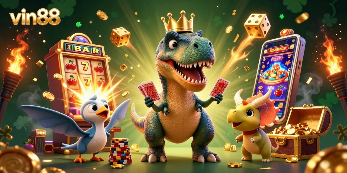 Experience the excitement of vin88 casino games with a T-Rex, pterodactyl, and triceratops in a vibrant 3D scene.