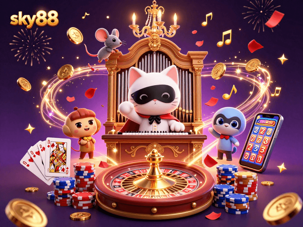 Play at sky88 with thrilling casino elements like spinning roulettes and vibrant poker chips.