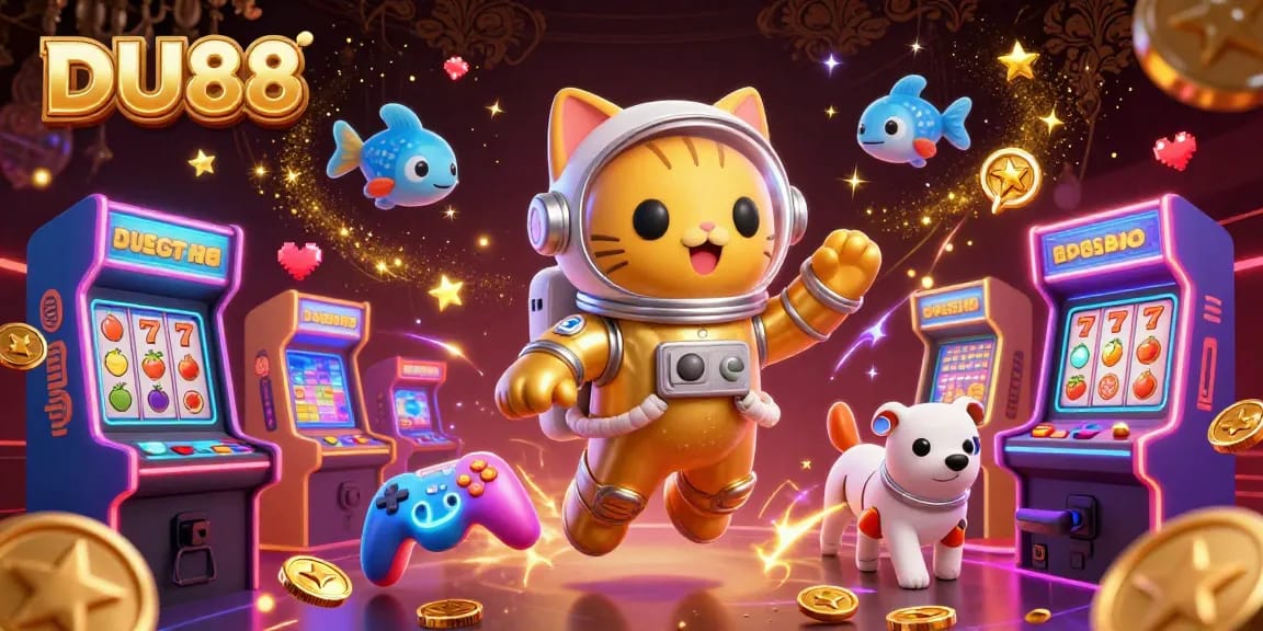 Experience the thrill of DU88 with a vibrant 3D casino scene featuring a space astronaut cat and a robot dog.