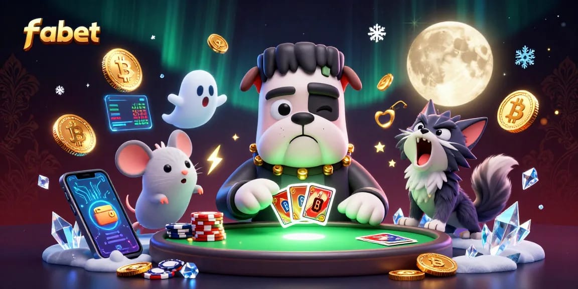 Play fabet at a dynamic casino scene with cartoon characters, crypto coins, and vibrant graphics.