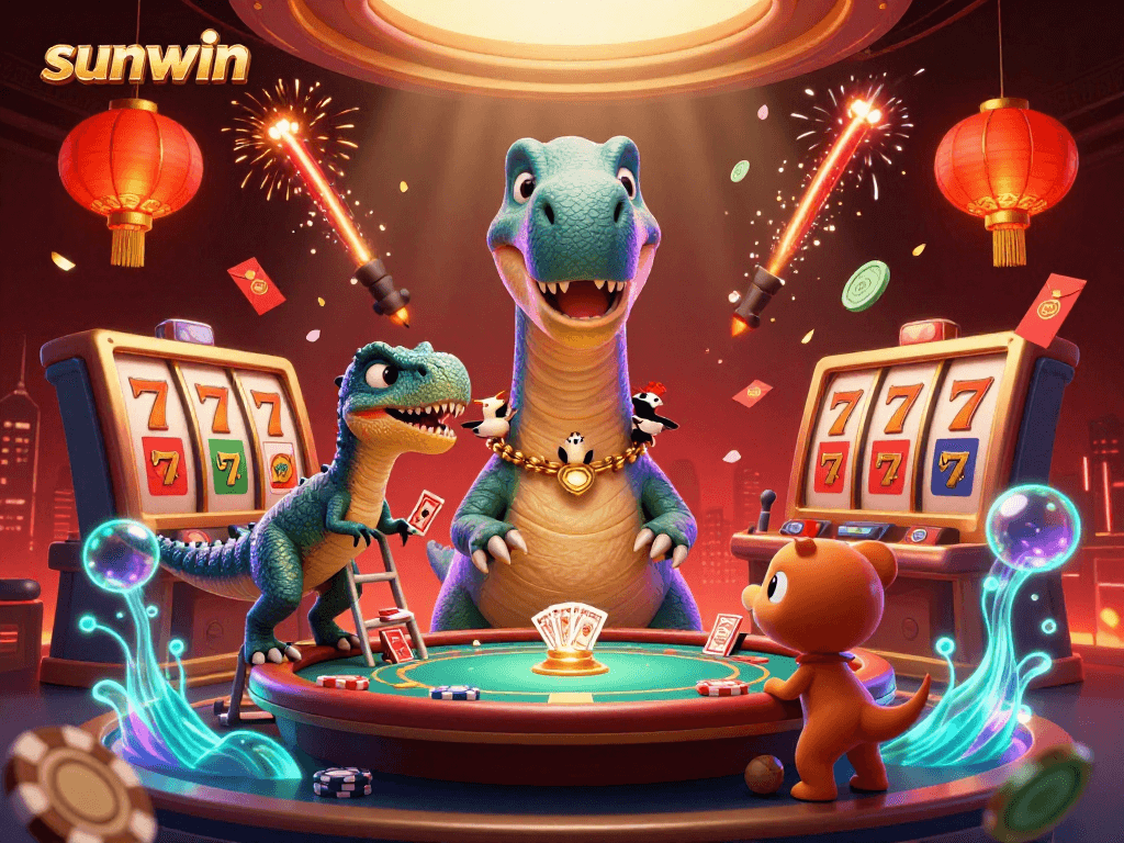 Engage in thrilling sunwin gaming with a massive dinosaur dealer in this lively casino scene.