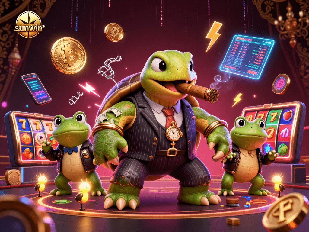 Experience the thrill with sunwin's vibrant casino scene featuring a snappy turtle and crypto coins.