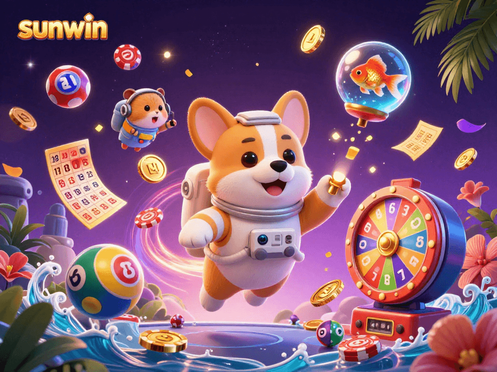 Win big with sunwin at a vibrant casino scene featuring a playful astronaut corgi!