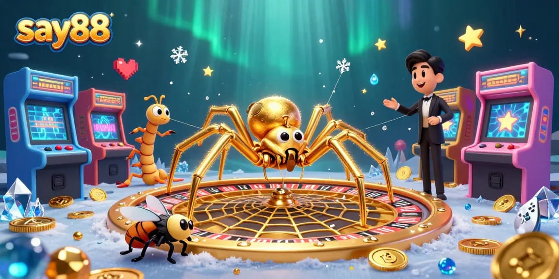Experience the thrill of say88 with a golden spider web roulette wheel and colorful game elements.