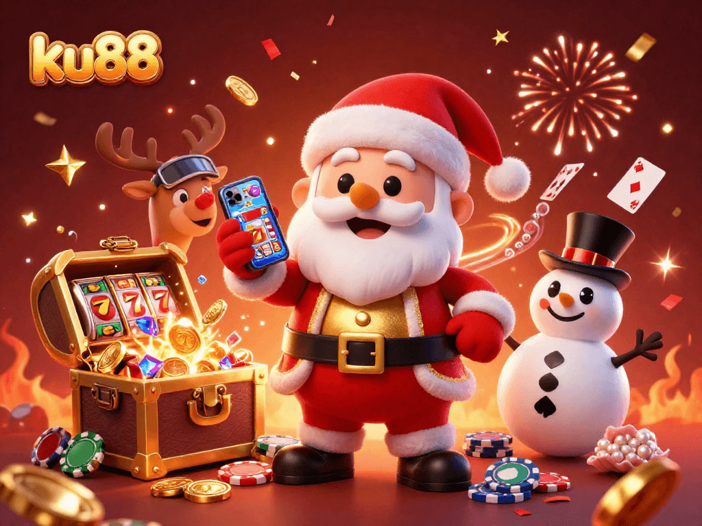 Experience the excitement of ku88 with Santa and friends celebrating jackpots in a packed casino scene.