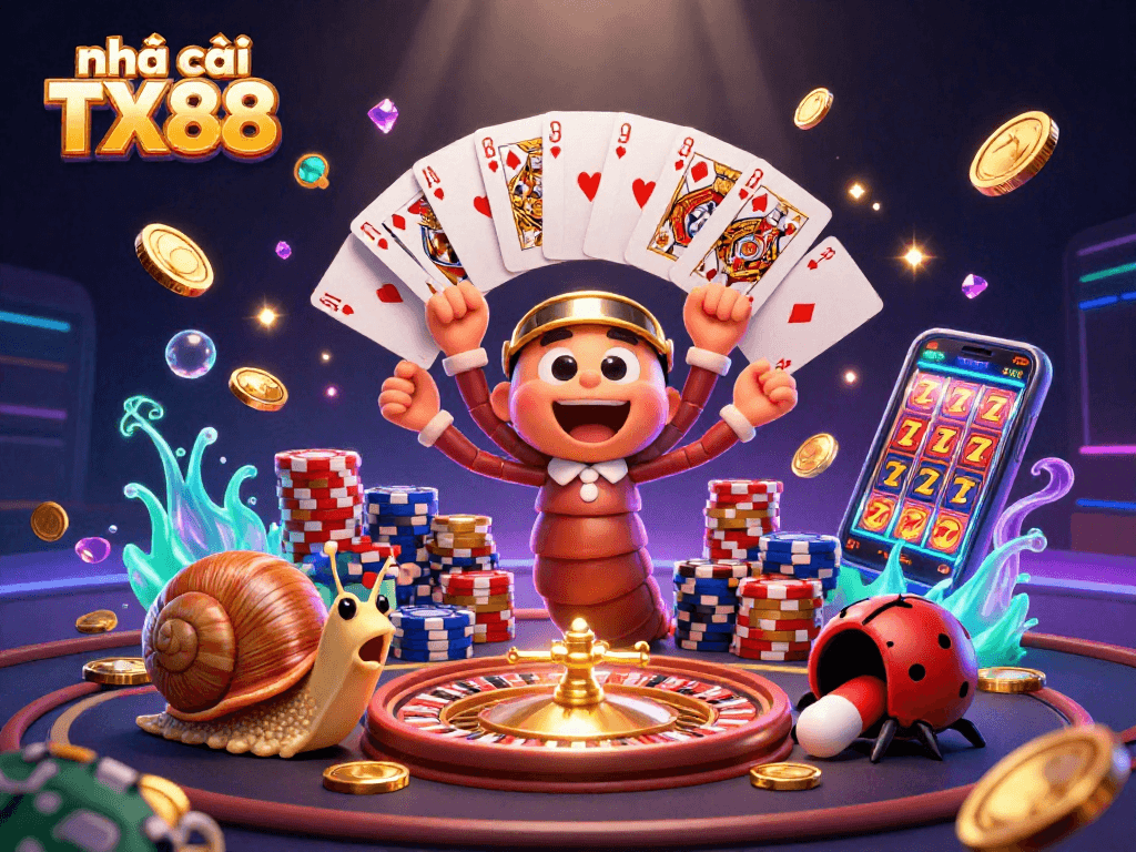 nhà cái TX88 showcases vibrant casino environment with a cartoon millipede dealer and high-roller action