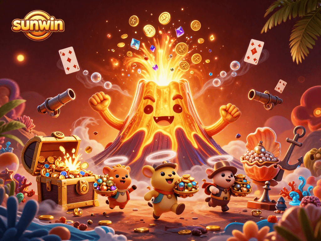 Experience thrilling wins with sunwin as a golden volcano erupts treasures amidst a vibrant underwater paradise.