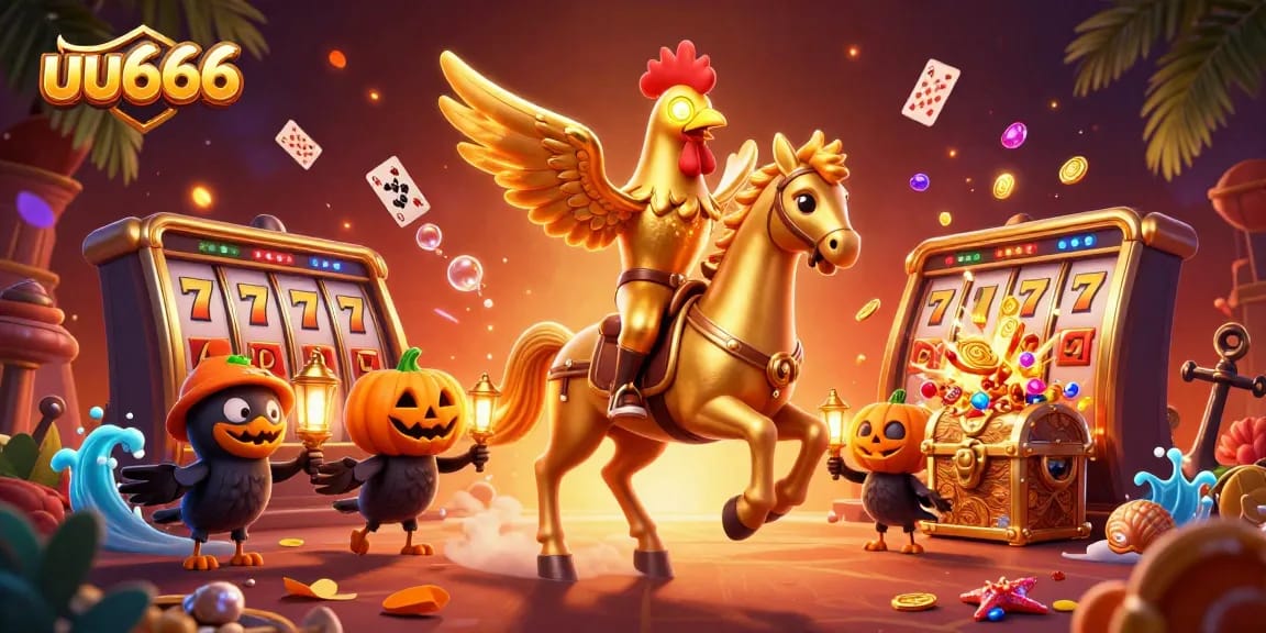 Experience thrilling gameplay at uu666 with a golden rooster in a lively casino scene.