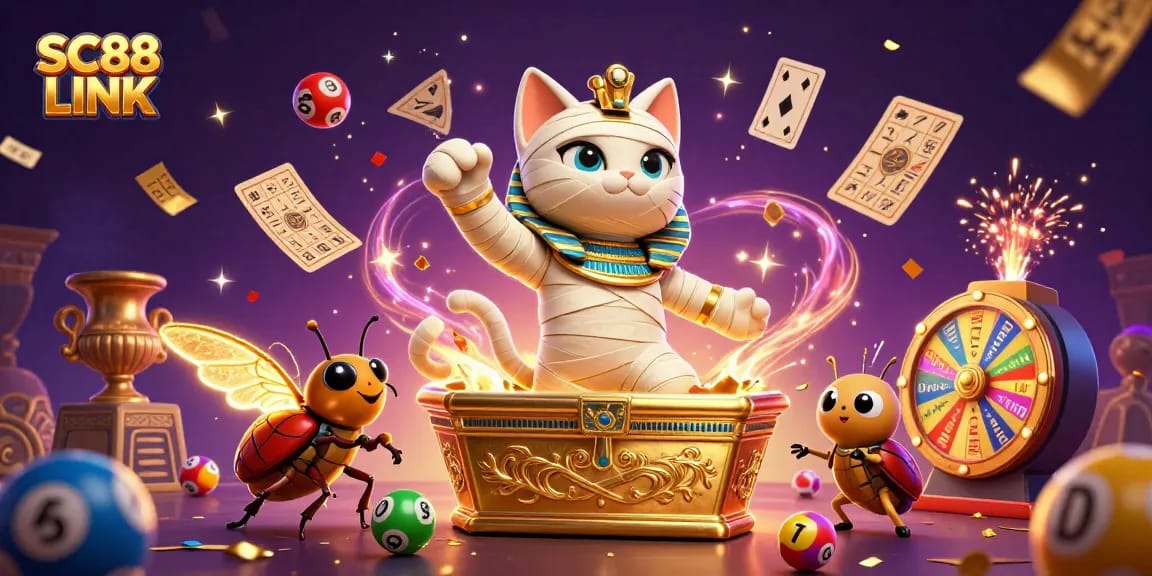 Play thrilling games with SC88 LINK, featuring a vibrant casino scene with lively characters and elements.