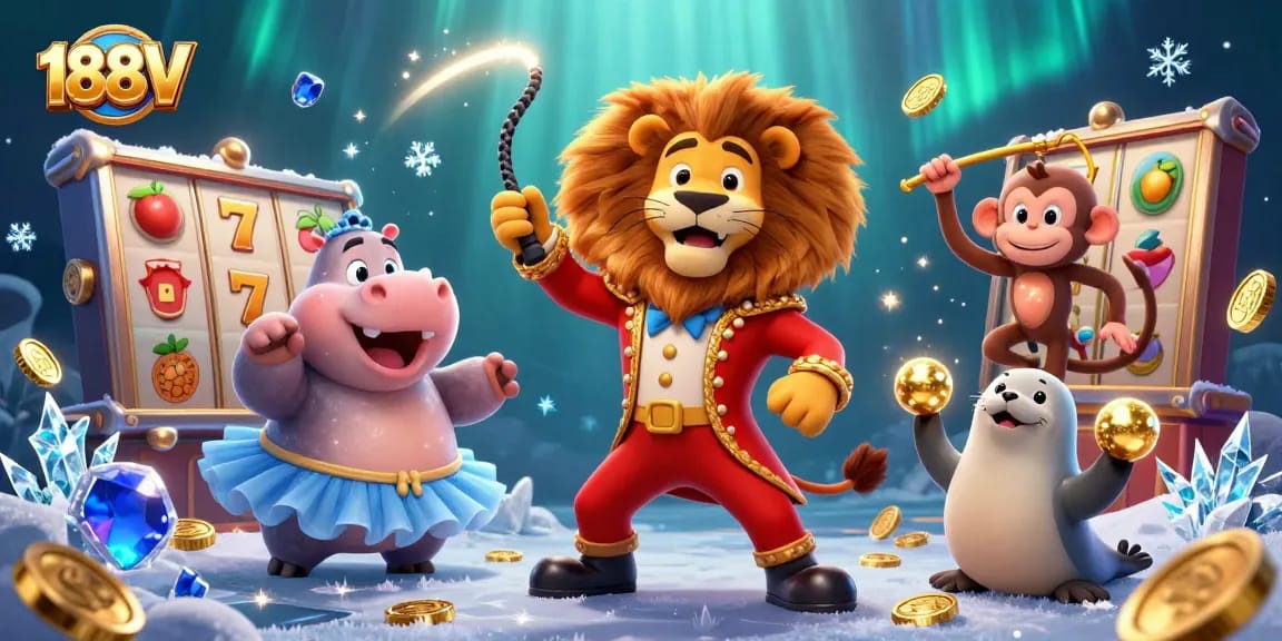 Experience thrilling wins at 188V with a lively casino scene filled with vibrant characters and exciting game elements.