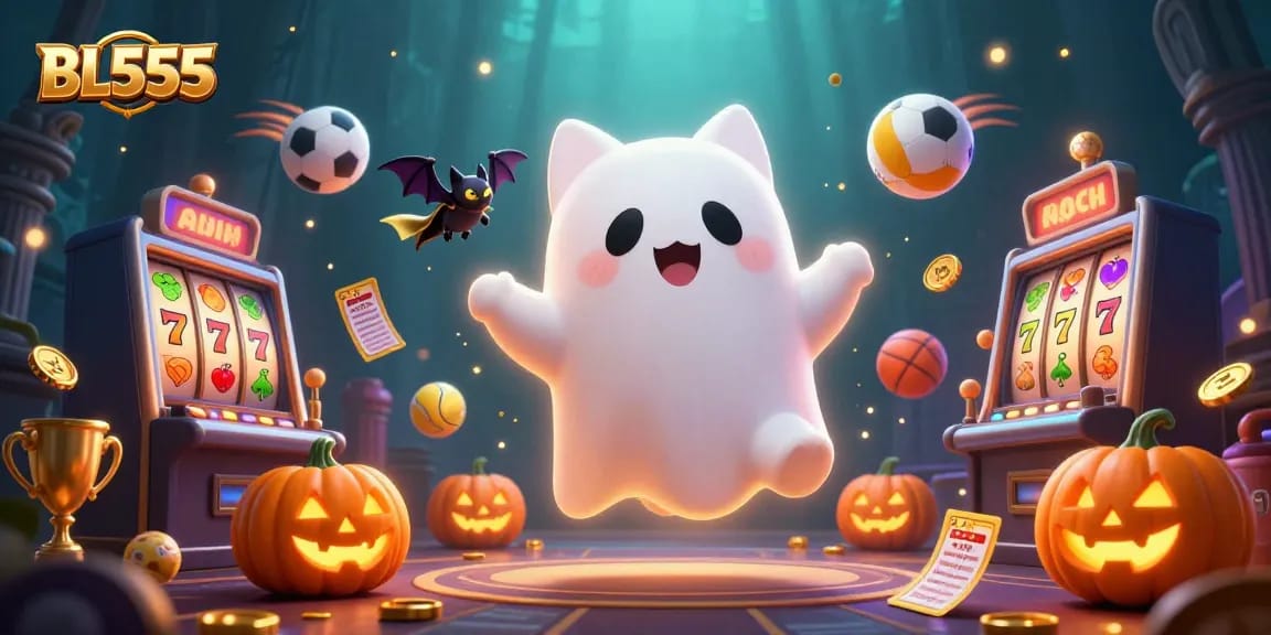 Engage in thrills at BL555 with a ghost cat and vampire bat in a vibrant casino scene.