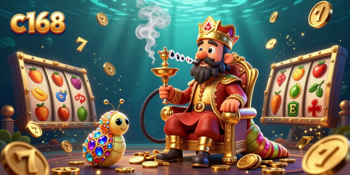 Experience thrilling slots with c 168 in this vibrant 3D illustration showcasing a whimsical hookah-master and golden spins.