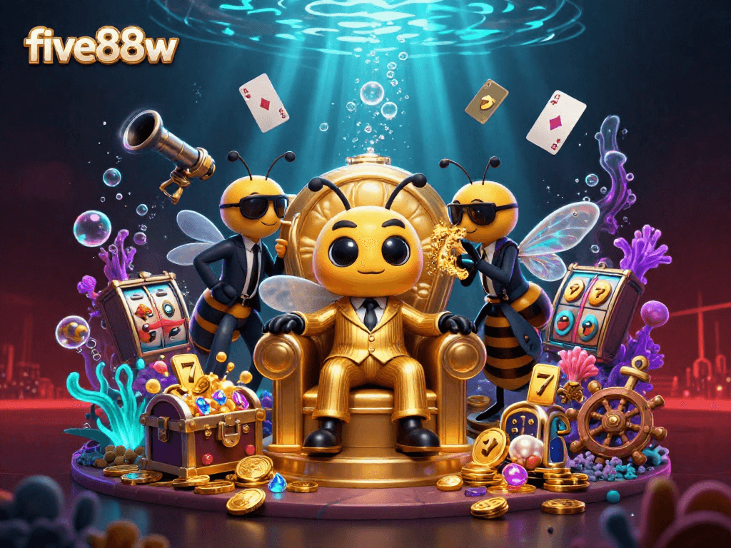 five88w casino theme illustration with bumblebee mob boss, wasp bodyguards, and vibrant gaming elements.