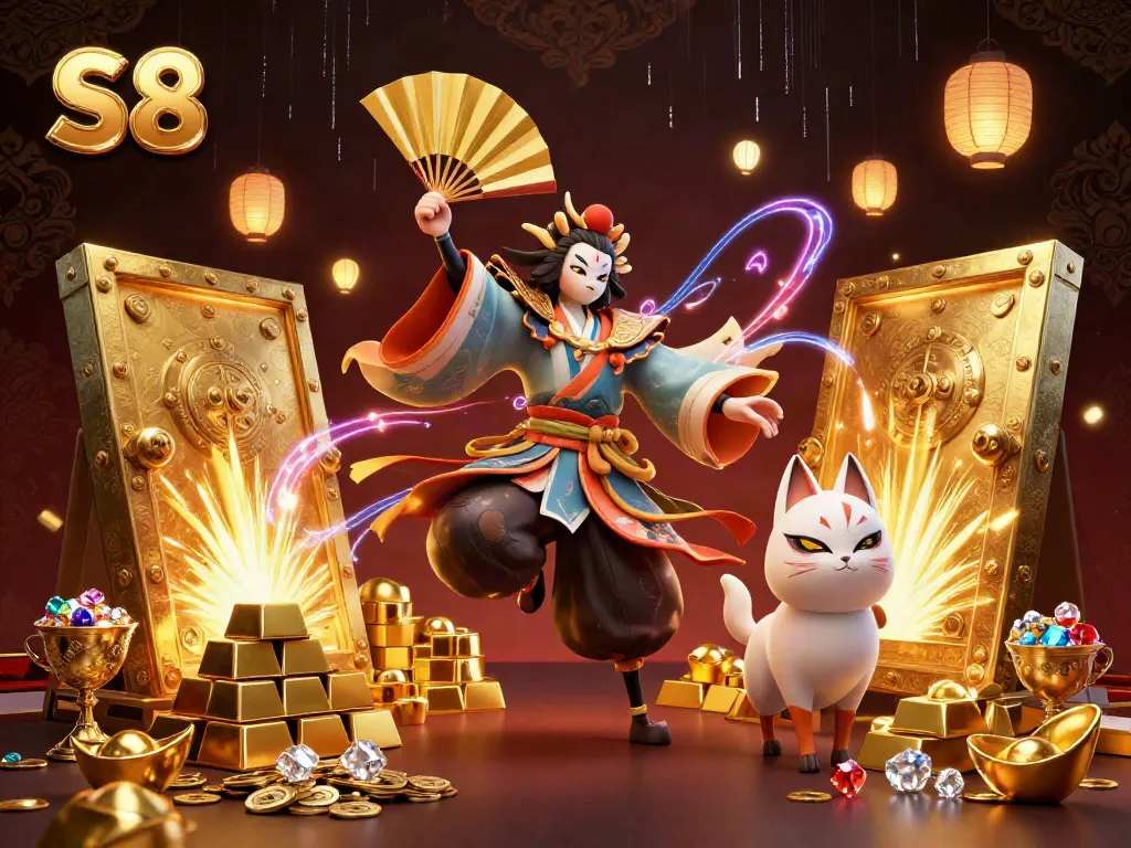 Experience the thrilling world of S8 with dynamic kabuki characters and treasures.