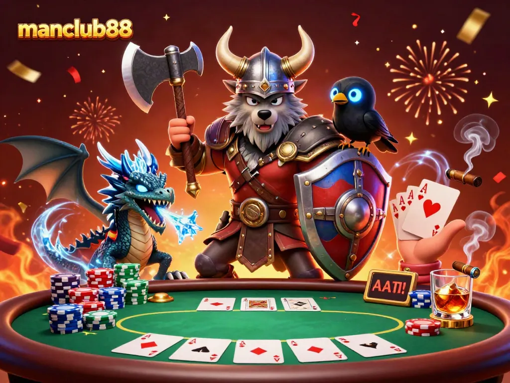 Win big with manclub88 at this dynamic poker-themed battle illustration.