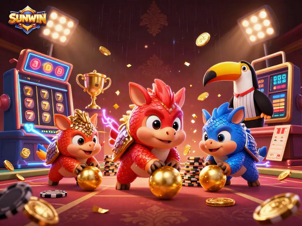 SUNWIN showcases a lively casino scene with rival pangolins enjoying vibrant slot reels and poker chips