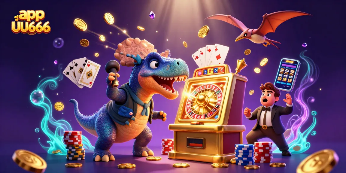 Engage with app UU666 as animated dinosaurs celebrate a slot jackpot amidst a casino frenzy.