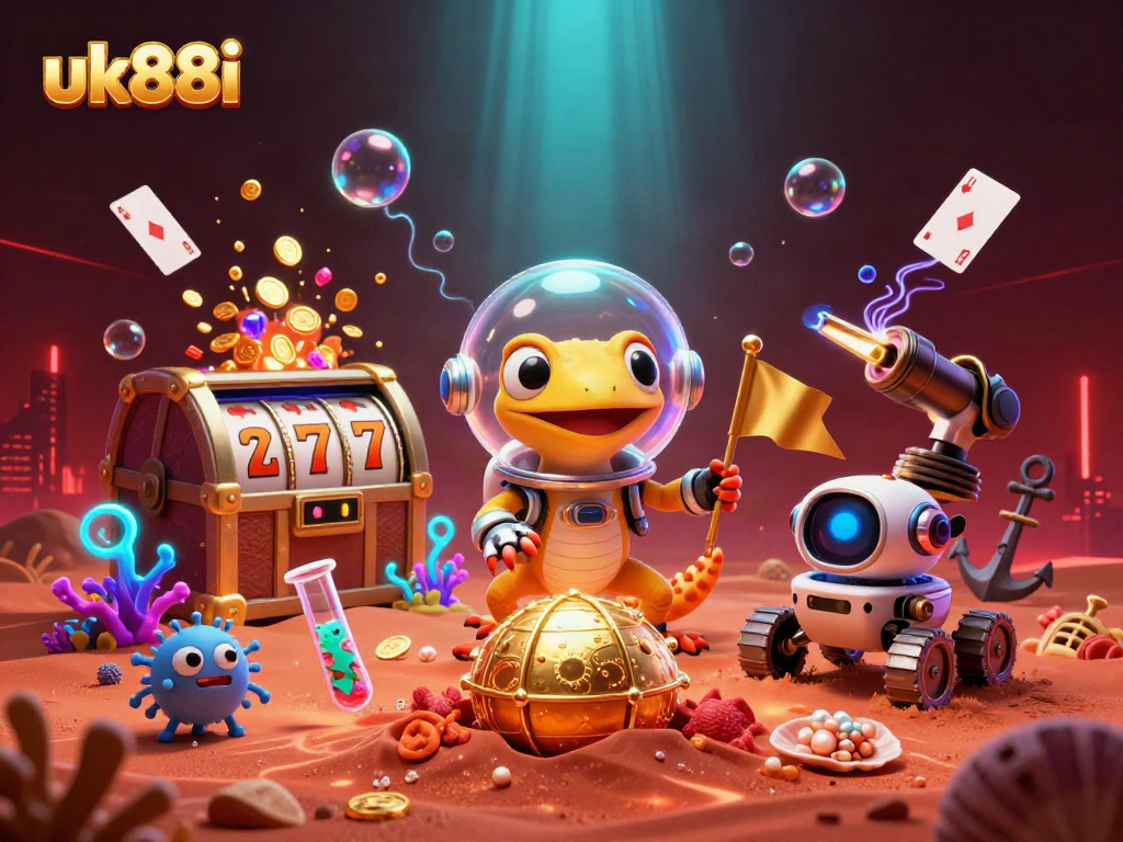 Engage in thrilling gaming at uk88i's golden casino on Mars, featuring vibrant slot elements.