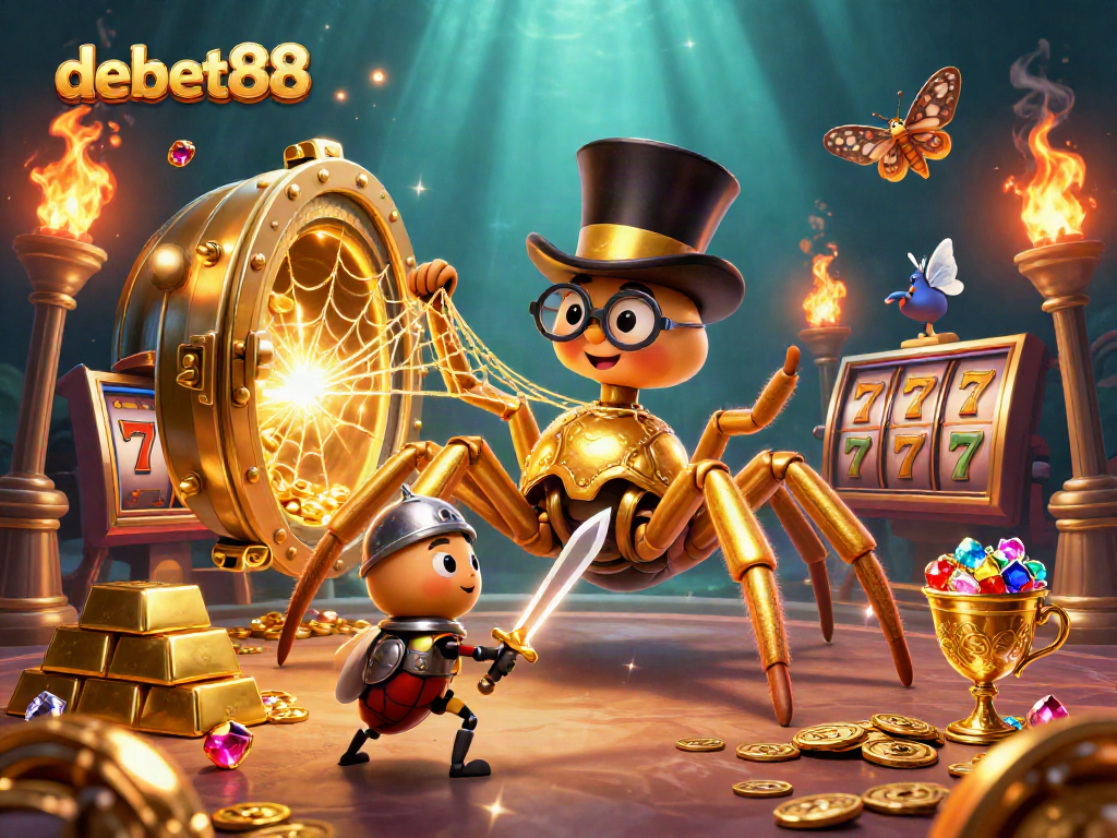 Engage with debet88's vibrant casino adventure featuring a golden tarantula and dynamic slot reels.