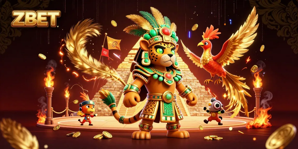 ZBET casino illustration showcasing a Mayan priest and quetzal companion amidst vibrant gambling elements.
