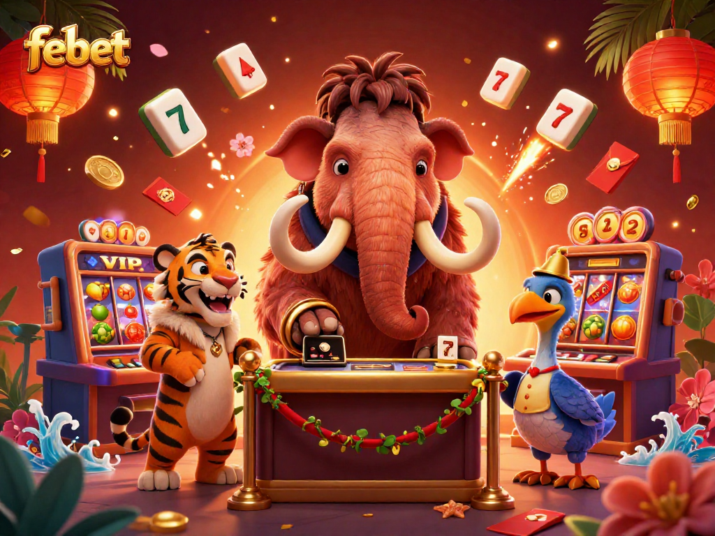 Experience the thrill at febet with a lively casino scene featuring unique characters and rich gaming elements.